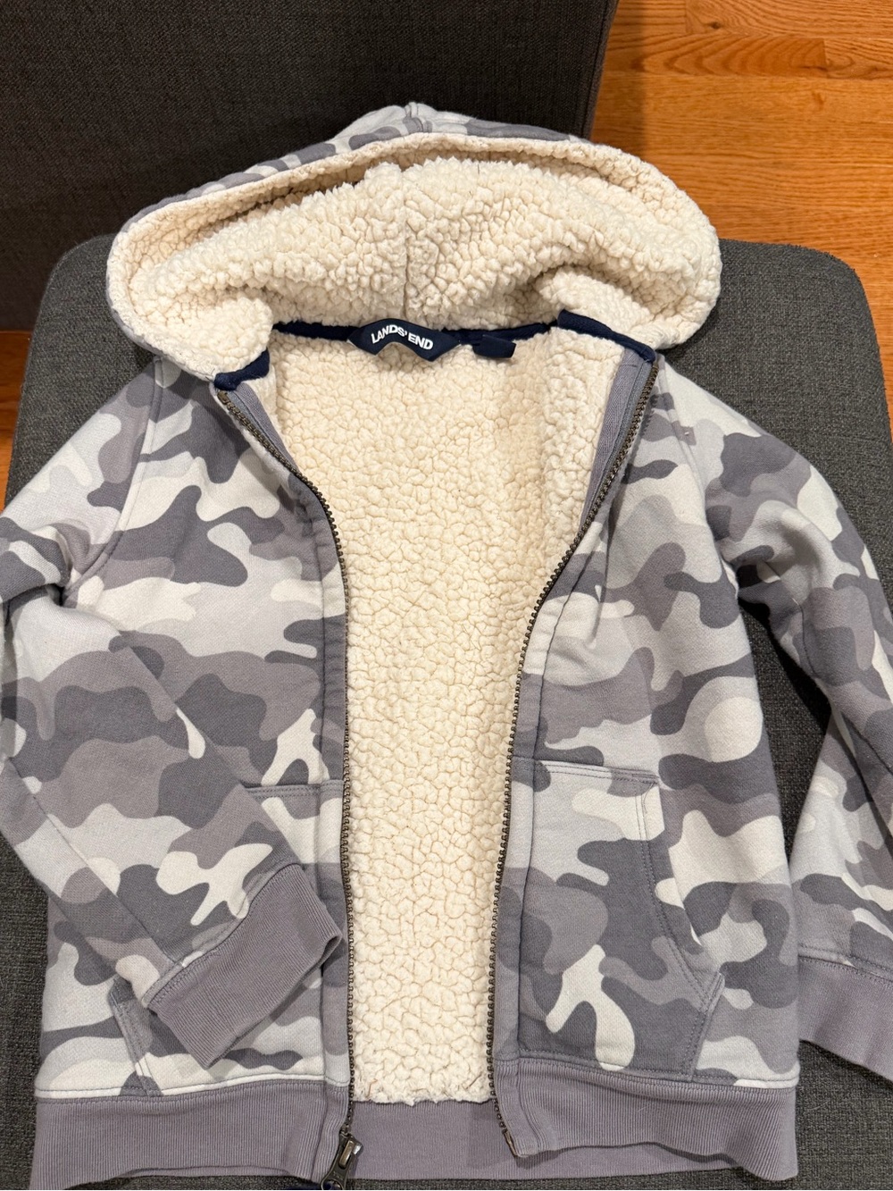 Lands' End Gray Camo Sherpa Lined Kids Hoodie